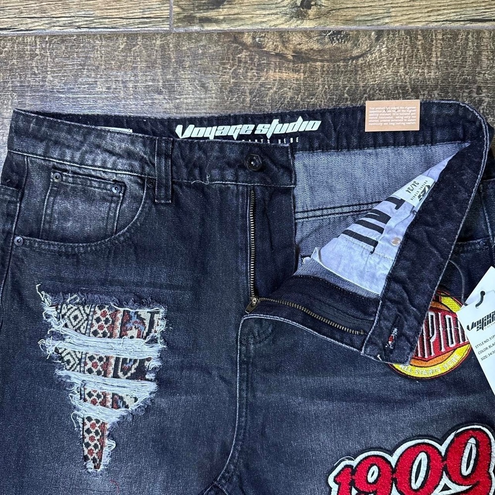 NWT Voyage Studio Black Sand Patchwork Jeans 34x34 Streetwear Denim - Picture 3 of 8